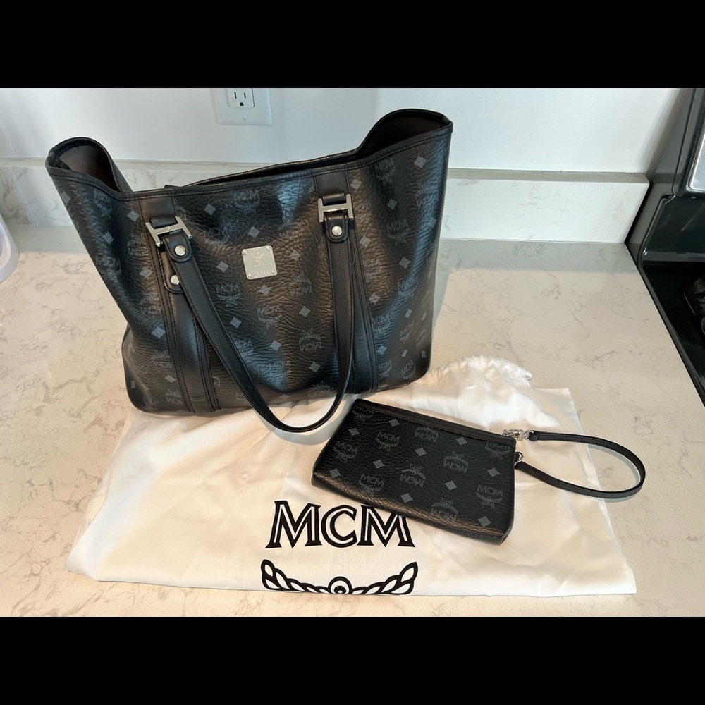 100% Authentic MCM black shopper tote set